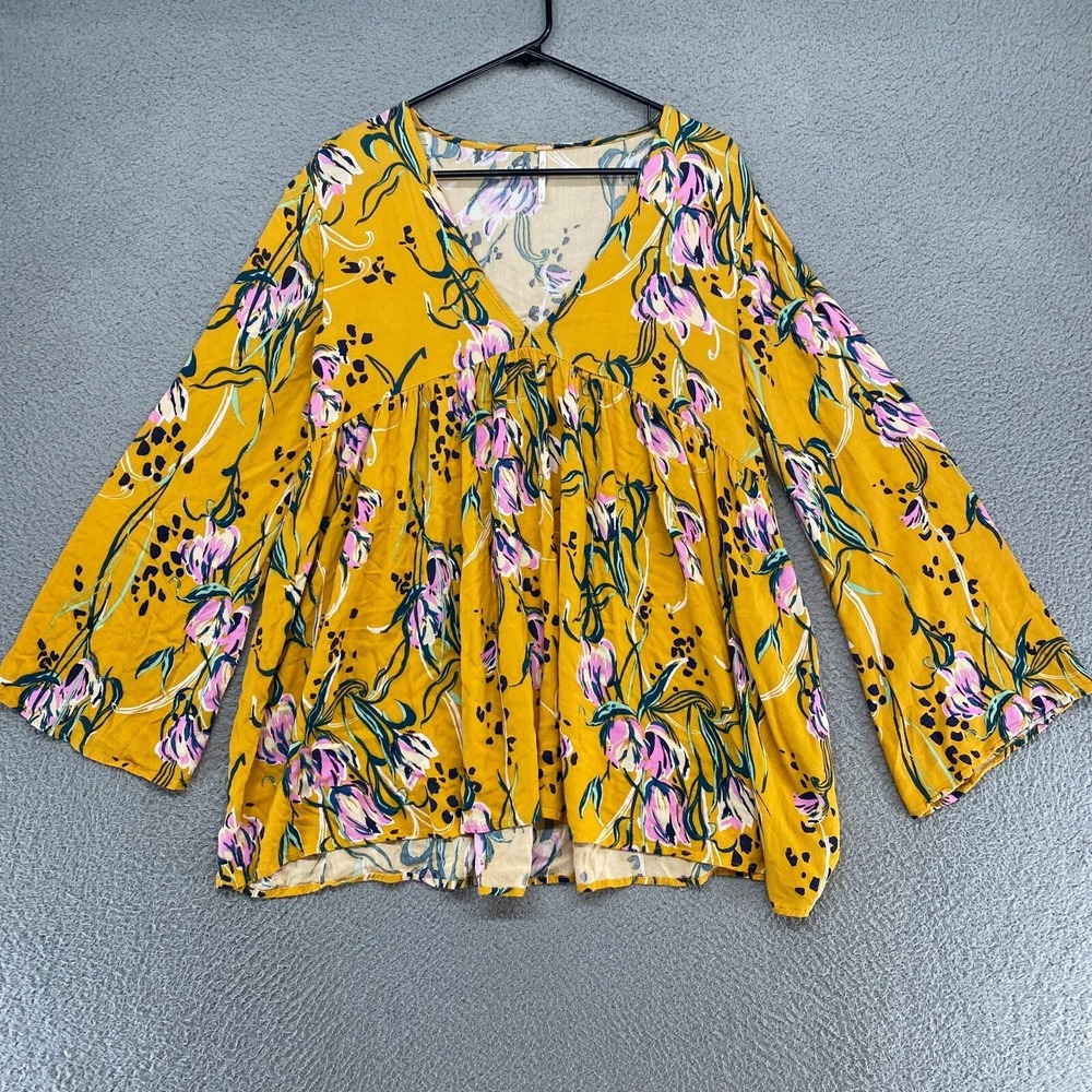 Free People Top Womens Medium Boho Bella Babydoll Floral Golden Flowy Garden Y2K